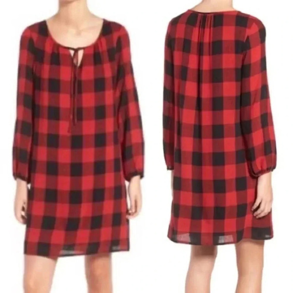MADEWELL Red & Black Buffalo Plaid Wool Blend Tie Neck Shift Dress Size XXS - Picture 1 of 6